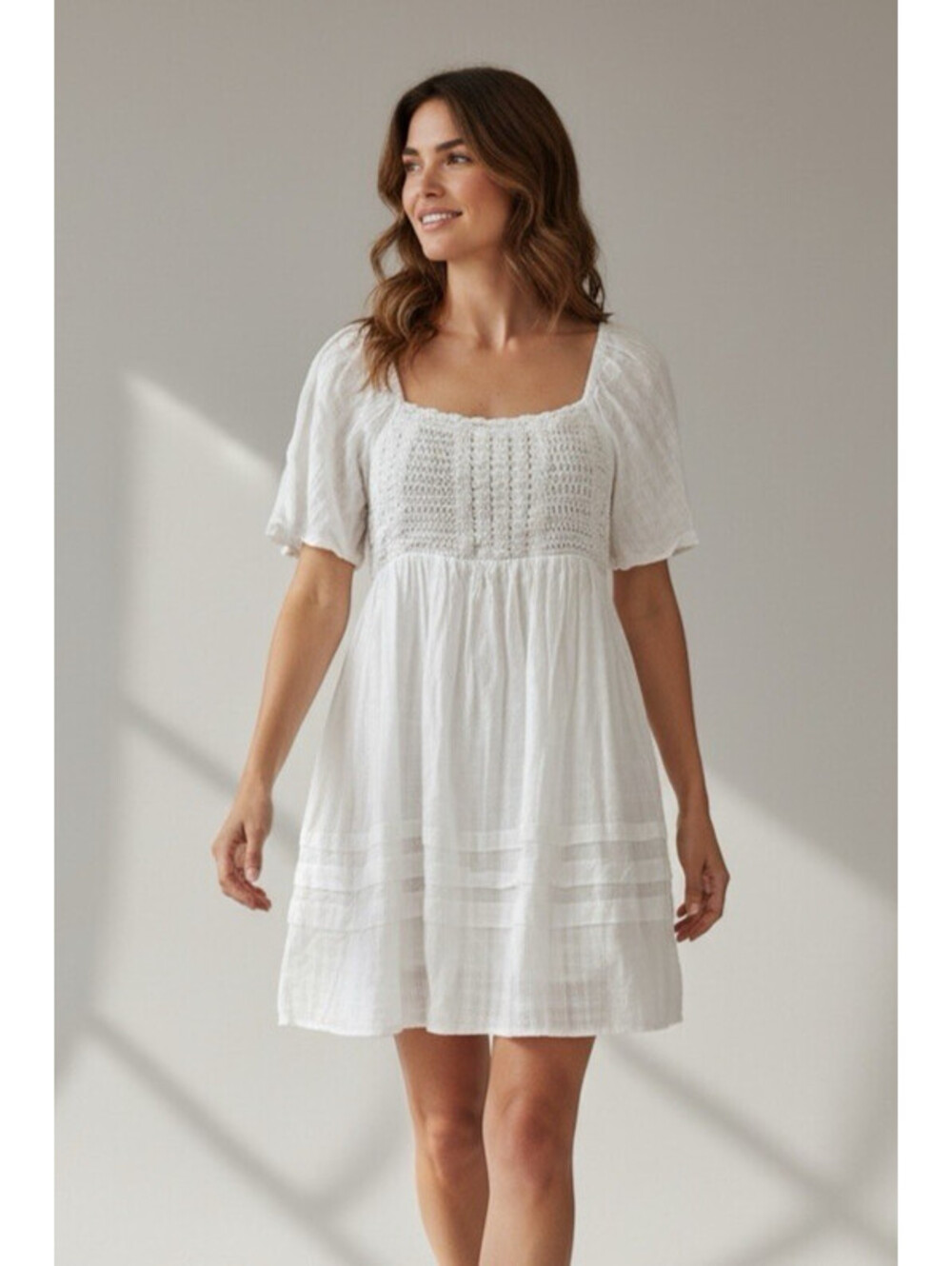 Heyson Size S White Smocked Short Sleeve Dress Crochet Top Peasant Cottagecore